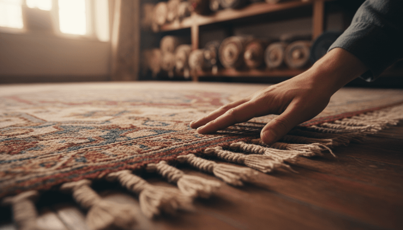 Close-up of a hand resting on a hand-knotted wool rug with natural light