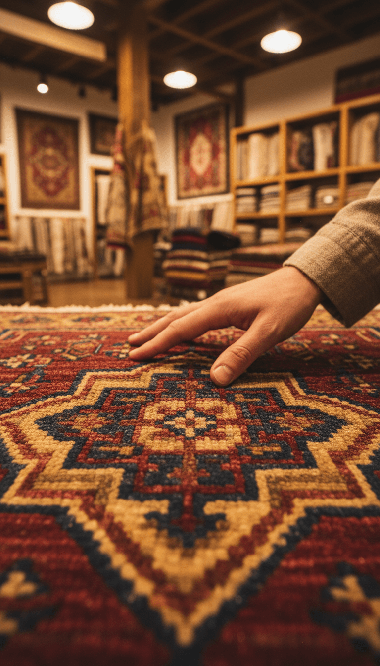 Close-up of someone's hands feeling the weave of a rug in a warm-lit shop