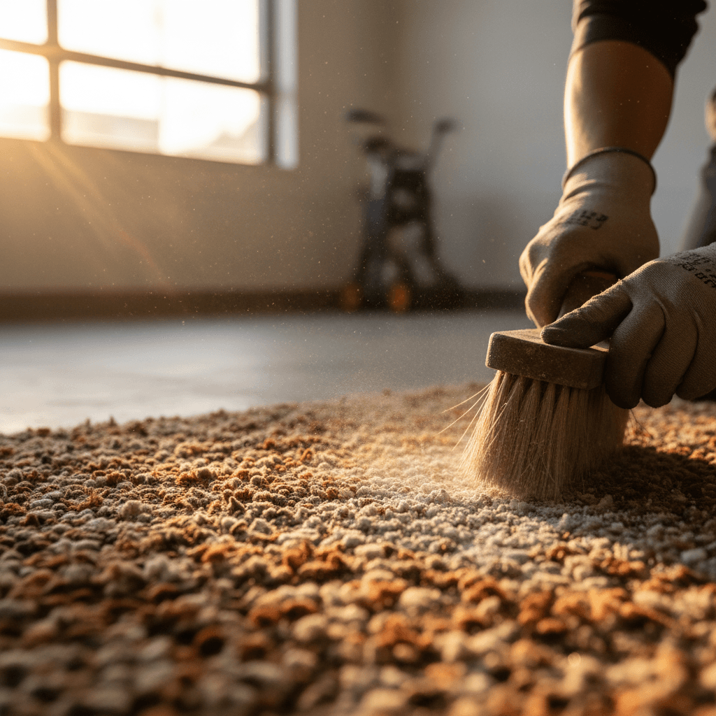 Dry cleaning compound being brushed into a wool rug pile by hand
