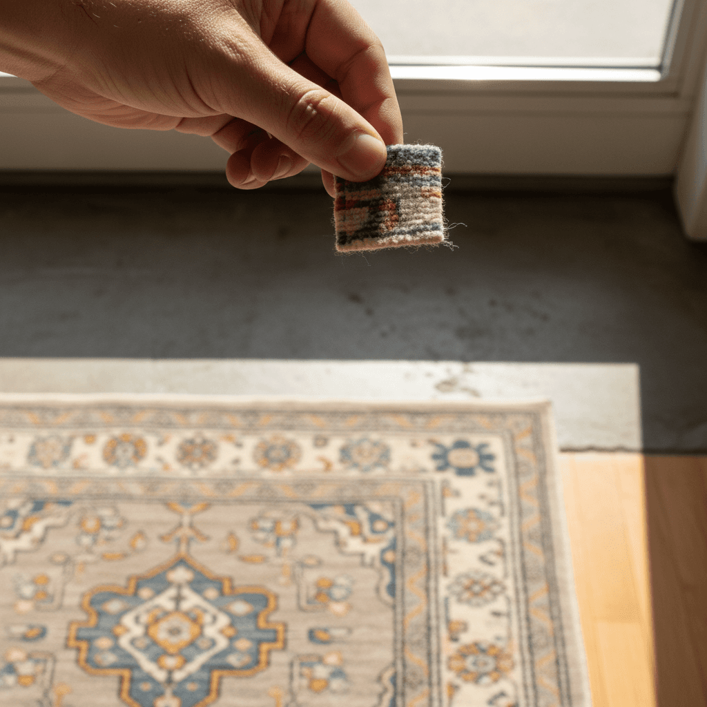 Technician inspecting a rug fiber sample against window light