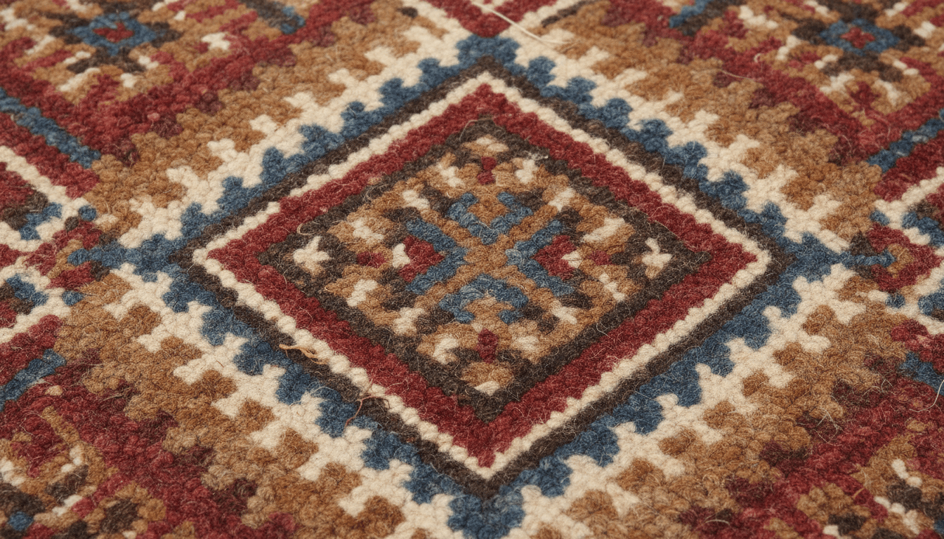 Close-up of a handwoven rug showing wool texture and detailed pattern