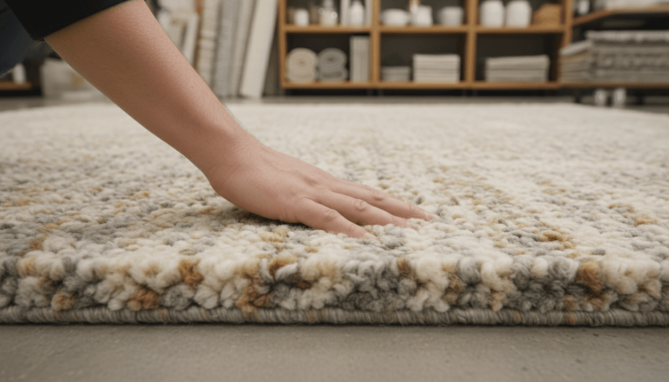 Hand running over the surface of a thick wool rug in a showroom