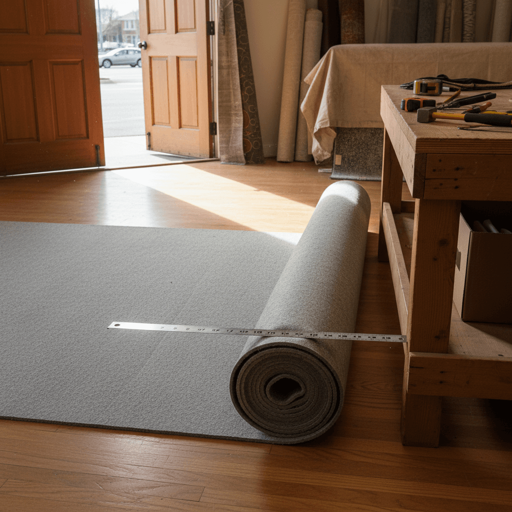 Roll of rug padding on a hardwood floor with a metal ruler measuring thickness