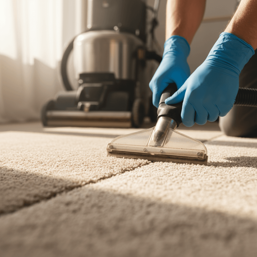 Technician's gloved hands using extraction equipment on carpet during professional deep cleaning service