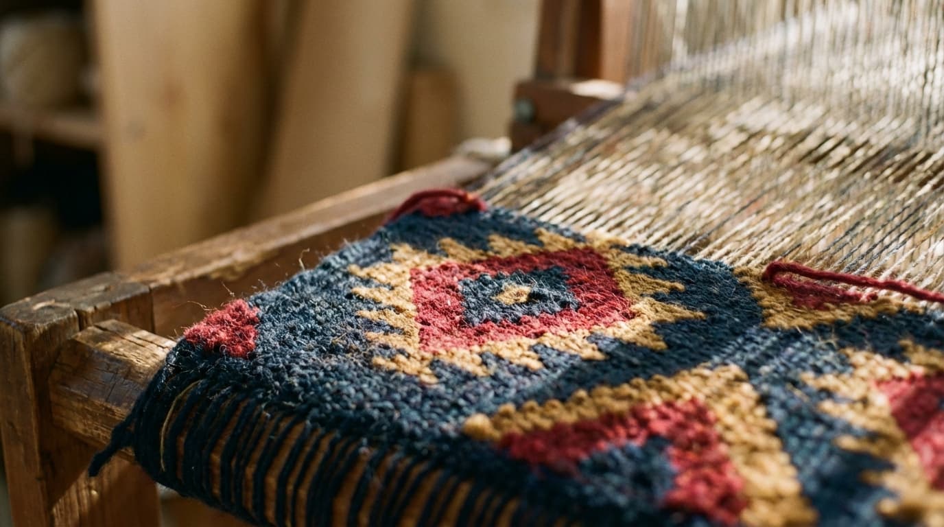 Close up of a handwoven wool rug showing natural texture and pattern detail