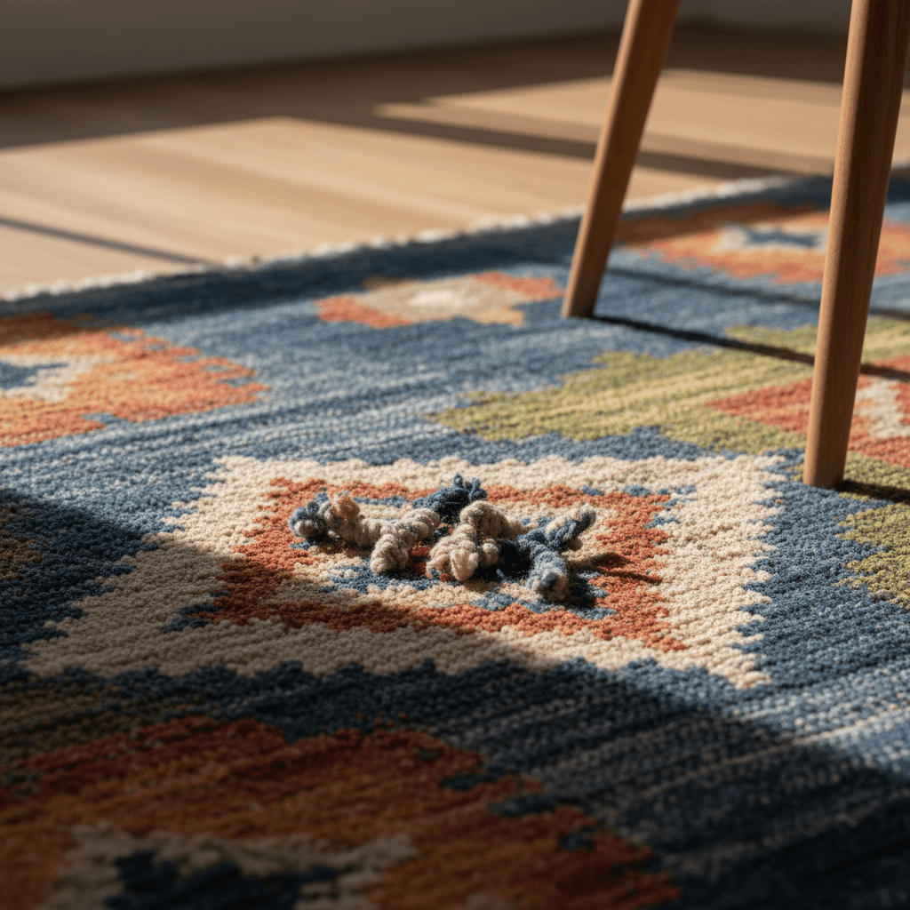 Close-up of a hand-knotted wool rug showing the weave and fringe in warm shop lighting
